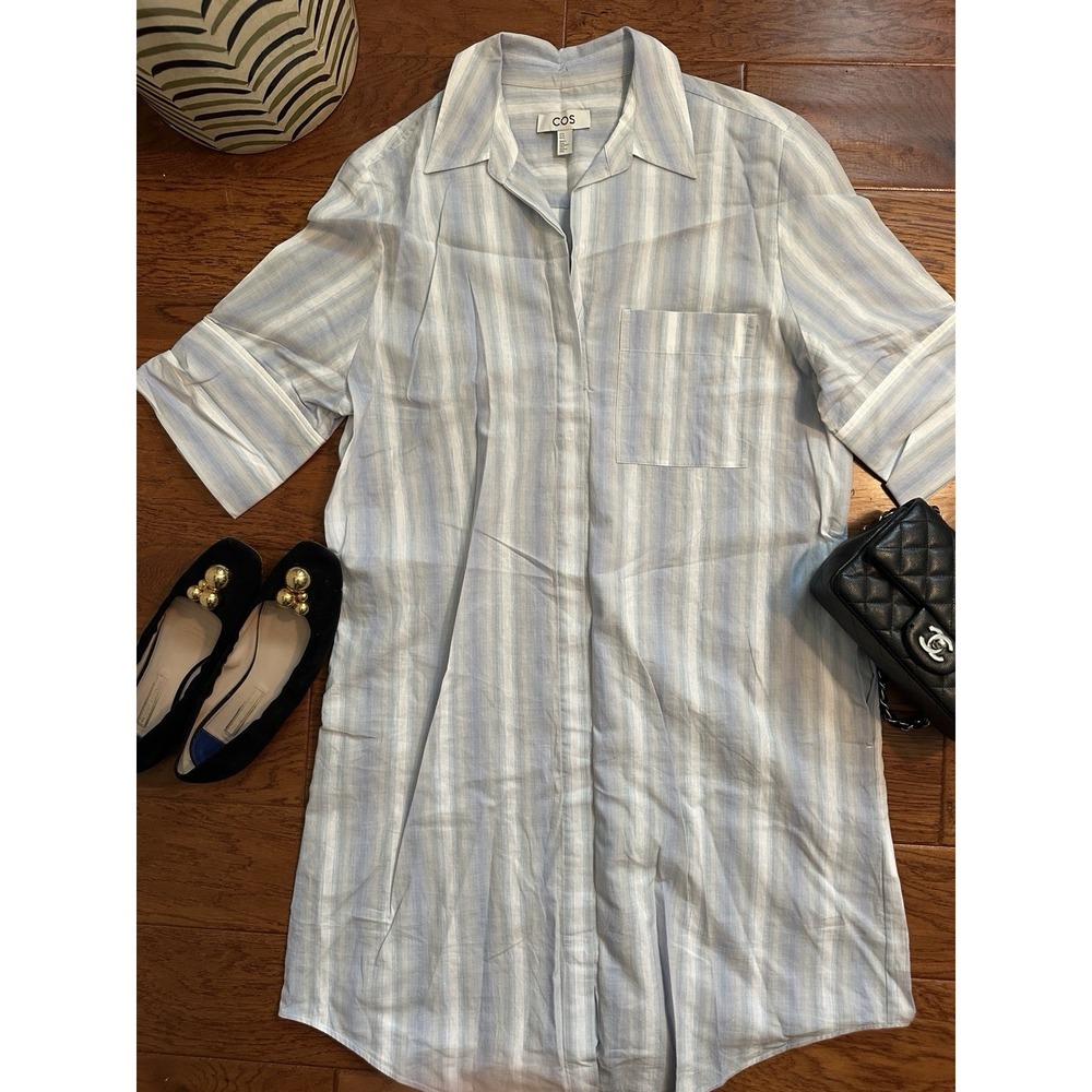 COS Cotton Linen Striped Shirt Dress Womens 10 Light Blue White Short Sleeve